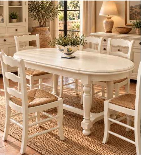 mesa rústica extensible con sillas blancas