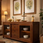 aparador de madera de iroko con puertas correderas y cajones mueblestilo