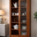 Vitrina clásica de madera natural con estantes y puertas acristaladas