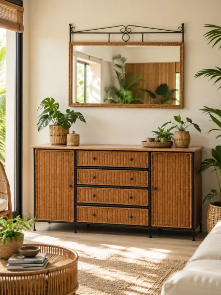 aparador para salón de ratán natural con puertas y 4 cajones mueblestilo aparador para salón de ratán natural con puertas y 4 cajones mueblestilo