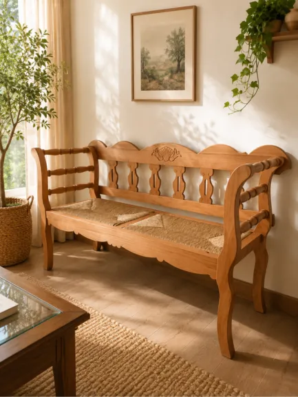 banco de madera rústico torneado con asientos de enea natural banco de madera rústico torneado con asientos de enea natural